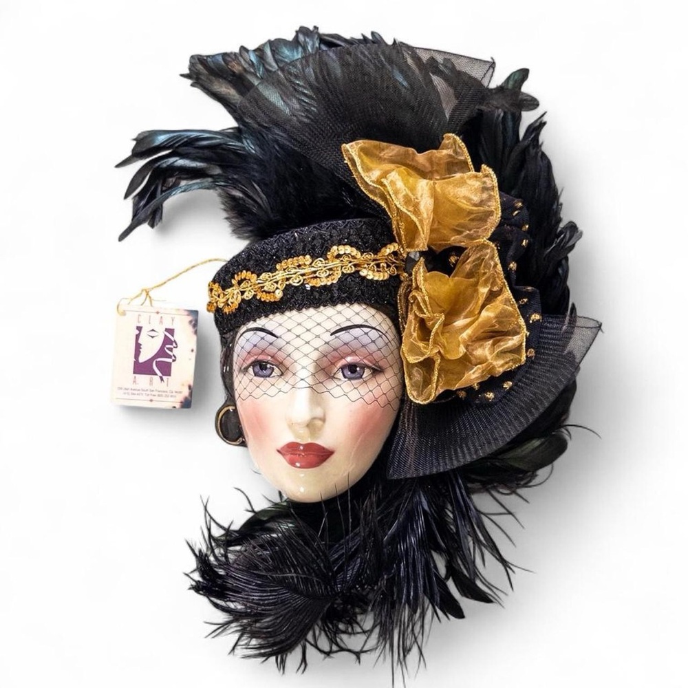 Roaring 20s Clay Art Ceramic Flapper Mask Wall Decor Feather Gold